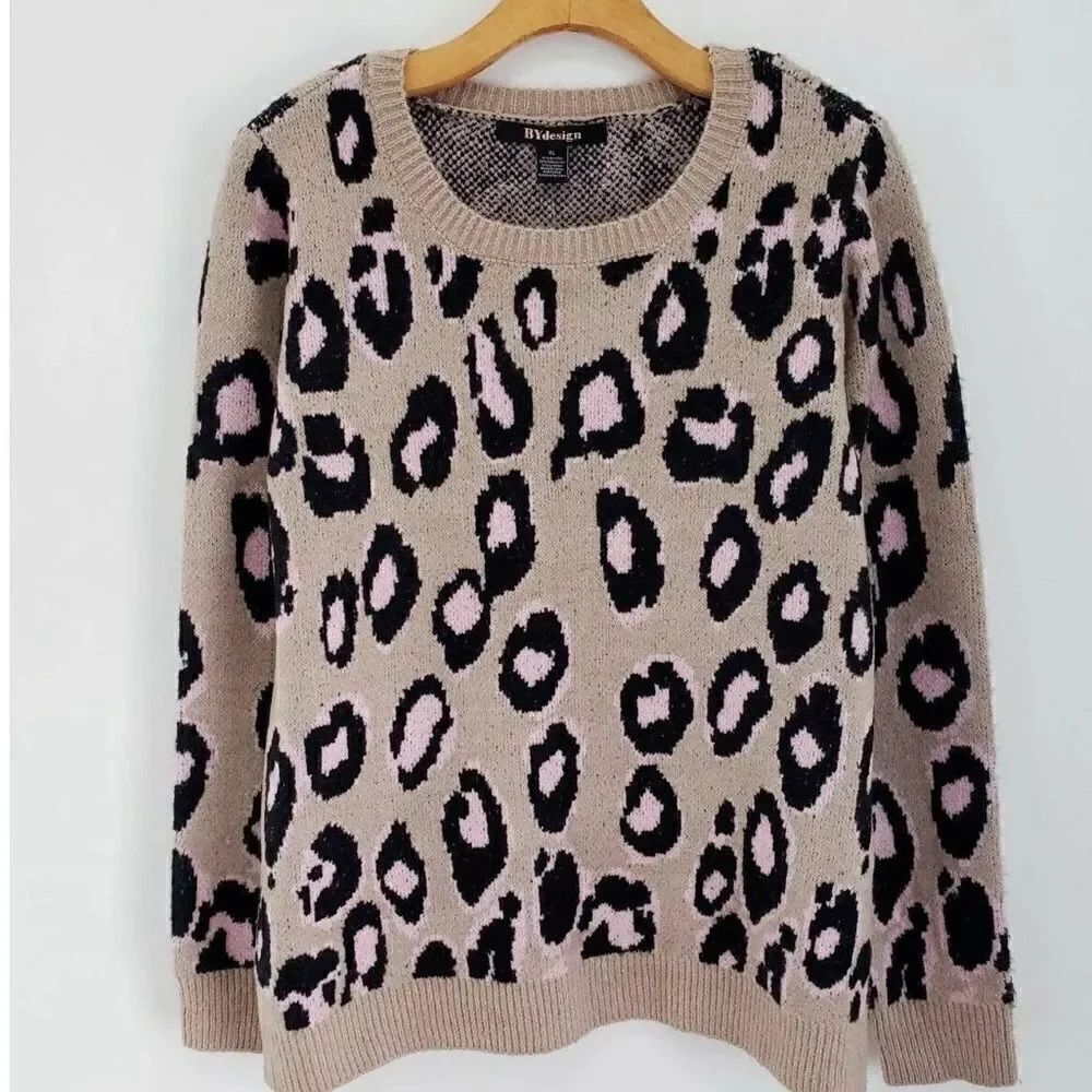 By Design Leopard Print Ivory Rose Knit Crewneck Pullover Sweater